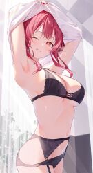 Rule 34 | 1girl, armpits, arms up, bare shoulders, black bra, black panties, blush, bra, breasts, clothes lift, garter belt, highres, hololive, houshou marine, kinako (shiratama mochi), lace, lace-trimmed bra, lace trim, large breasts, lingerie, looking at viewer, medium hair, midriff, navel, one eye closed, panties, red eyes, red hair, shirt lift, smile, solo, twintails, underwear, underwear only, undressing, virtual youtuber