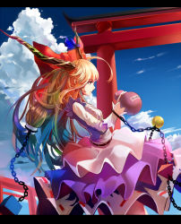 Rule 34 | 1girl, blue sky, bow, chain, cloud, day, gourd, hair bow, horn ornament, horn ribbon, horns, ibuki suika, letterboxed, long sleeves, looking away, mconch, multiple torii, orange hair, profile, ribbon, sky, solo, torii, touhou, yellow eyes