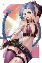 Rule 34 | 1girl, angdo (kakajo26), arm tattoo, arm up, bare shoulders, belt, blue hair, braid, breasts, brown belt, bullet, cloud tattoo, collarbone, female focus, fingerless gloves, gloves, highres, jewelry, jinx (league of legends), league of legends, long hair, looking at viewer, nail polish, navel, necklace, paint splatter, paint splatter on face, pink shorts, red nails, short shorts, shorts, single thighhigh, small breasts, smile, solo, stomach, stomach tattoo, striped clothes, striped shorts, tattoo, thighhighs, tongue, tongue out, twin braids, twintails, very long hair, white background