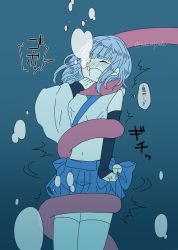 Rule 34 | 1girl, artist name, asphyxiation, bell, blue background, blue hair, blue skirt, blush, bubble, clenched hand, detached sleeves, drowning, closed eyes, female focus, flat color, hand up, highres, japanese clothes, japanese text, jingle bell, legs together, midriff, navel, nose blush, open mouth, original, pleated skirt, restrained, shirt, short hair, simple background, skirt, solo, tentacles, thighhighs, thought bubble, tokumeiyade, translation request, trembling, twitter username, underwater, white shirt, white thighhighs, zettai ryouiki