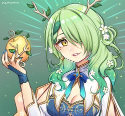 Rule 34 | 1girl, antlers, apple, artist name, blue nails, blue neckwear, braid, braided bangs, branch, breasts, bridal gauntlets, ceres fauna, cleavage, commentary, fingernails, flower, food, fruit, green hair, hair flower, hair ornament, highres, holding, holding food, holding fruit, hololive, hololive english, horns, leaf, looking at viewer, mole, mole under eye, nail polish, nanumn, one eye covered, single braid, solo, teeth, virtual youtuber, yellow eyes