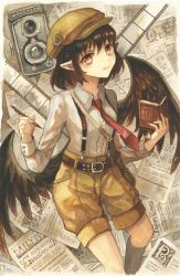 Rule 34 | 1girl, adapted costume, bad id, bad pixiv id, bag, belt, bird wings, black socks, black wings, brown bag, brown belt, brown eyes, brown hat, brown shorts, camera, collared shirt, cowboy shot, feathered wings, flat cap, hat, highres, holding, holding notebook, holding pen, keiko (mitakarawa), kneehighs, long sleeves, necktie, notebook, pen, pointy ears, red necktie, shameimaru aya, shameimaru aya (newsboy), shirt, short hair, shorts, shoulder bag, socks, solo, tie clip, touhou, white shirt, wings
