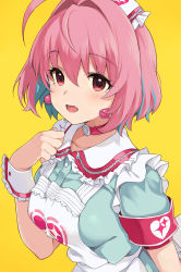 Rule 34 | 1girl, ahoge, apron, arm at side, armband, blue dress, blue hair, blush, choker, collarbone, commentary, dress, earrings, fang, frilled apron, frilled wrist cuffs, frills, from side, hair between eyes, hair intakes, hand up, heart, heart print, highres, idolmaster, idolmaster cinderella girls, jewelry, kirarin369, long hair, looking at viewer, multicolored hair, open mouth, pill earrings, pink choker, pink eyes, pink hair, puffy short sleeves, puffy sleeves, short hair, short sleeves, simple background, solo, sparkle print, tongue, two-tone hair, upper body, wrist cuffs, yellow background, yumemi riamu, zipper, zipper pull tab