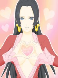 Rule 34 | 1girl, black hair, blue eyes, boa hancock, breasts, cleavage, earrings, female focus, heart, jacket, jewelry, long hair, looking at viewer, monkey d. luffy, one piece, red jacket, solo