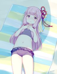 Rule 34 | 1girl, artist name, bikini, bikini shorts, blueberry (5959), blunt bangs, blush, crying, eyebrows, flat chest, frilled bikini, frills, from above, groin, hair ornament, hair ribbon, hands on own chest, highres, kotonoha akane, long hair, looking at viewer, lying, navel, on back, open mouth, pink hair, red eyes, ribbon, sand, shadow, shorts, solo, striped towel, swimsuit, tears, towel, vocaloid, voiceroid