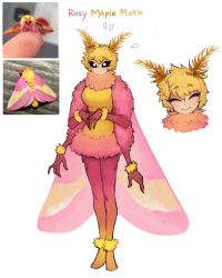 Rule 34 | 1girl, ^ ^, absurdres, antennae, arthropod girl, artist name, black sclera, blonde hair, blush, character name, closed eyes, colored sclera, commentary, creature and personification, english commentary, extra arms, facing viewer, fluffy, flying sweatdrops, full body, fur collar, highres, insect girl, insect wings, looking at viewer, matilda fiship, monster girl, moth girl, moth wings, multiple views, original, own hands together, personification, photo inset, reference inset, short hair, simple background, smile, white background, wings