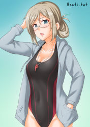 Rule 34 | 1girl, anti (untea9), black one-piece swimsuit, blue background, breasts, brown hair, cleavage, commentary request, competition swimsuit, cowboy shot, folded ponytail, glasses, gradient background, green eyes, grey jacket, hand in pocket, highres, hood, hooded jacket, hoodie, jacket, kantai collection, katori (kancolle), looking at viewer, one-piece swimsuit, parted bangs, semi-rimless eyewear, simple background, solo, swimsuit, under-rim eyewear