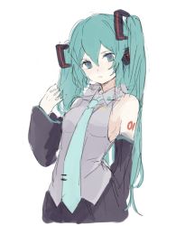 Rule 34 | 1girl, aqua hair, aqua necktie, bare shoulders, blue eyes, breasts, closed mouth, cropped legs, detached sleeves, from side, frown, grey shirt, hair between eyes, hand in own hair, hand up, hatsune miku, head tilt, headset, long hair, looking at viewer, medium breasts, necktie, shirt, simple background, sketch, sleeveless, solo, tenhana39, twintails, very long hair, vocaloid, white background, wide sleeves, wing collar