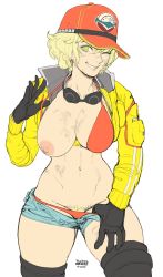 Rule 34 | 10s, 1girl, ;d, baseball cap, bikini, bikini under clothes, black gloves, blonde hair, blonde pubic hair, breasts, brekkist, cidney aurum, cropped jacket, dirty, dirty face, female pubic hair, final fantasy, final fantasy xv, gloves, goggles, goggles around neck, green eyes, grin, hat, high collar, highres, large breasts, looking at viewer, navel, nipples, one breast out, one eye closed, open fly, open mouth, panties, pubic hair, pubic hair peek, red bikini, red panties, sagging breasts, short hair, short shorts, shorts, smile, solo, swimsuit, textless version, thighhighs, thong, underwear, unzipped