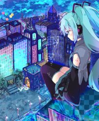 Rule 34 | 1girl, absurdres, balloon, beamed eighth notes, black skirt, black sleeves, black thighhighs, blue eyes, blue hair, blush, building, cloud, cloudy sky, collared shirt, commentary, detached sleeves, grey shirt, hair between eyes, hatsune miku, highres, long hair, long sleeves, looking away, musical note, night, night sky, outdoors, pleated skirt, rooftop, shirt, sitting, skirt, sky, skyscraper, sleeveless, sleeveless shirt, sleeves past wrists, solo, star (symbol), symbol-only commentary, thighhighs, tsukiyo (skymint), twintails, unmoving pattern, very long hair, vocaloid, water, wide sleeves