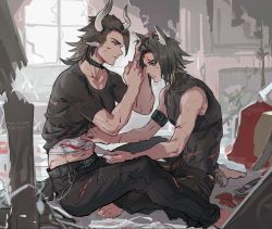 Rule 34 | 2boys, animal ear fluff, animal ears, applying bandages, arknights, armband, bandage on face, bandages, barefoot, belt, between legs, black hair, black pants, black shirt, bleeding, blood, blood on arm, blood on clothes, blood on face, blood on leg, broken, broken glass, broken window, brown eyes, brown hair, carpet, choker, closed mouth, clothes lift, collarbone, courier (arknights), courier (elite ii) (arknights), cow boy, cow ears, cow horns, cross scar, cuts, deer boy, deer ears, deer tail, ecrsin, first aid, flipped hair, from side, frown, glass, hand on another&#039;s chest, hand on another&#039;s ear, hand on another&#039;s head, hands up, horns, indian style, indoors, injury, knees up, lifting another&#039;s clothes, looking at another, looking away, looking down, lowleg, lowleg pants, male focus, matterhorn (arknights), medium hair, midriff, multiple boys, on floor, outstretched arms, pants, profile, ruins, scar, scar on arm, scratches, shirt, shirt lift, short hair, short sleeves, sitting, sleeveless, sleeveless shirt, tail, tight clothes, tight shirt, toned, toned male, torn clothes, torn shirt, turtleneck, window