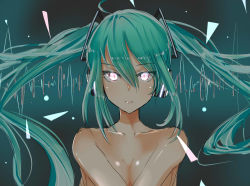 Rule 34 | bad id, bad pixiv id, breasts, covering privates, covering breasts, expressionless, glowing, glowing eyes, green hair, hatsune miku, headphones, long hair, siraele, solo, twintails, very long hair, vocaloid