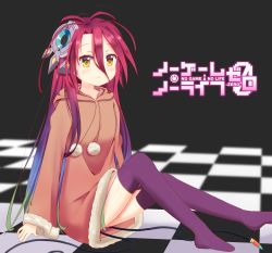 Rule 34 | absurdres, bad id, bad pixiv id, blurry, cable, checkered floor, child, depth of field, frown, hair between eyes, highres, no game no life, pom pom (clothes), purple thighhighs, sasatabekung, self-upload, shuvi (no game no life), solo, tagme, thighhighs