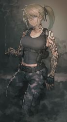 Rule 34 | 1girl, arm tattoo, belt, black belt, black gloves, black pants, black tank top, blonde hair, blue eyes, breasts, camouflage, camouflage pants, cargo pants, cigarette, closed mouth, commission, covered navel, dated commentary, earrings, feet out of frame, fingerless gloves, gloves, gun, hair ribbon, handgun, hetza (hellshock), highres, holding, holding cigarette, holster, holstered, jewelry, leaning on object, looking at viewer, medium breasts, medium hair, midriff peek, neck tattoo, original, pants, ponytail, ribbon, shoulder tattoo, sidelocks, smile, smoke, smoking, solo, suzumi (hetza), tank top, tattoo, weapon