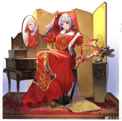 Rule 34 | 1girl, bili girl 33, bilibili, bonsai, bride, carpet, chinese clothes, dress, flats, flower, flower pot, folding screen, hands up, highres, holding veil, long dress, long sleeves, looking at viewer, messikid, mirror, official art, on stool, plum blossoms, red dress, red eyes, red footwear, red veil, reflection, short hair, sitting, solo, stool, table, tassel, vanity table, veil, weibo logo, weibo watermark, white background, white hair, wide sleeves, wooden chair