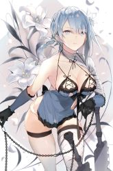 Rule 34 | 1girl, arm warmers, bandaged arm, bandaged leg, bandages, bare shoulders, black gloves, black ribbon, braid, breasts, chain, cleavage, commentary request, eyelashes, flower, frills, fukuda935, gloves, grey eyes, hair flower, hair ornament, kaine (nier), large breasts, leaning, leaning forward, lingerie, lips, long hair, looking at viewer, negligee, nier, nier (series), panties, petals, pink lips, revealing clothes, ribbon, silver hair, single braid, solo, sword, thigh gap, thighhighs, thighs, underwear, weapon, white panties, white thighhighs, zettai ryouiki
