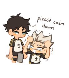 Rule 34 | 2boys, akaashi keiji, black hair, blue eyes, bokuto koutarou, chibi, claireiosity, english text, haikyuu!!, hammer, highres, holding, holding hammer, holding weapon, jersey, looking at another, multicolored hair, multiple boys, spiked hair, sportswear, tearing up, two-tone hair, volleyball uniform, weapon, white background, white hair