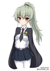 Rule 34 | 10s, 1girl, alternate hairstyle, anchovy (girls und panzer), anzio school uniform, arms behind back, belt, black belt, black cape, black necktie, black scrunchie, black skirt, cape, closed mouth, commentary, cowboy shot, cropped legs, dated, dress shirt, drill hair, emblem, flipper, girls und panzer, green hair, long hair, long sleeves, looking at viewer, miniskirt, necktie, one-hour drawing challenge, pantyhose, pleated skirt, ponytail, red eyes, school uniform, scrunchie, shirt, simple background, skirt, solo, standing, twin drills, twintails, twitter username, white background, white pantyhose, white shirt
