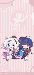 Rule 34 | 2girls, :d, ahoge, alternate costume, black dress, blue flower, chibi, closed mouth, colored inner hair, crown, dress, flower, guitar, hair flower, hair ornament, high ponytail, highres, holding, holding instrument, holding violin, honkai (series), honkai impact 3rd, instrument, kiana kaslana, kiana kaslana (herrscher of finality), looking at viewer, multicolored hair, multiple girls, official art, official wallpaper, one eye closed, open mouth, ponytail, purple eyes, raiden mei, simple background, smile, star-shaped pupils, star (symbol), symbol-shaped pupils, violin, white dress, white hair