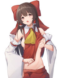 Rule 34 | 1girl, absurdres, ascot, bare shoulders, black hair, blush, bow, grabbing another&#039;s breast, breasts, brown eyes, commentary request, cowboy shot, detached sleeves, grabbing, grabbing own breast, groin, hair bow, hair tubes, hakurei reimu, head tilt, highres, korean commentary, long hair, long sleeves, looking at viewer, medium breasts, open mouth, red bow, red skirt, sidelocks, simple background, skirt, skirt set, solo, touhou, white background, wide sleeves, yellow ascot, ziro (zirorong)