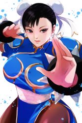 Rule 34 | 1girl, blue dress, bracelet, breasts, brown eyes, brown hair, brown pantyhose, bun cover, capcom, china dress, chinese clothes, chun-li, cowboy shot, double bun, dress, earrings, fighting stance, hair bun, hair pulled back, highres, jewelry, large breasts, lips, lipstick, makeup, pantyhose, pelvic curtain, puffy short sleeves, puffy sleeves, sash, short sleeves, solo, spiked bracelet, spikes, street fighter, street fighter ii (series), tanaka yutaka, white background