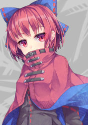 Rule 34 | 1girl, black shirt, blue bow, bow, cape, commentary request, grey background, hair bow, long sleeves, looking at viewer, red cape, red eyes, red hair, ribbon-trimmed bow, sekibanki, shirt, short hair, solo, touhou, upper body, uumaru