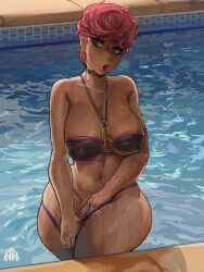 Rule 34 | 1girl, absurdres, adjusting clothes, adjusting swimsuit, alamander, bikini, breasts, hand in bikini, hand on crotch, highres, jojo no kimyou na bouken, logo, looking to the side, medium breasts, medium hair, partially submerged, pool, standing, swimsuit, trish una, vento aureo