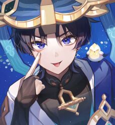 Rule 34 | 1boy, bad id, bad pixiv id, bird, black hair, blue eyes, bridal gauntlets, commentary request, earrings, eunyoo, genshin impact, hair over eyes, hat, highres, index finger raised, jewelry, looking at viewer, male focus, pointing, pointing at self, portrait, scaramouche (genshin impact), short hair, solo, straight-on, stud earrings, tongue, tongue out, wanderer (genshin impact)