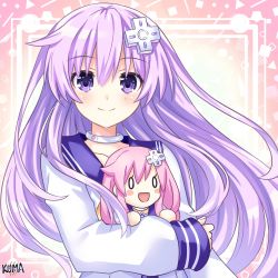 Rule 34 | 1girl, :d, blush, blush stickers, character doll, choker, choujigen game neptune, choujigen game neptune the animation, collar, collarbone, compile heart, d-pad, d-pad hair ornament, doll, hugging doll, dress, hair between eyes, hair ornament, hairclip, highres, holding, holding doll, idea factory, lewdkuma, long hair, long sleeves, looking at viewer, neck, neckerchief, nepgear, neptune (series), o o, hugging object, open mouth, purple eyes, purple hair, sailor collar, sailor dress, shirt, signature, smile, solo, stuffed toy, upper body, very long hair, white choker, white dress, yellow neckerchief