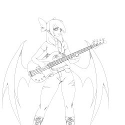 Rule 34 | 1girl, absurdres, bad id, bad tumblr id, bass guitar, belt, bow, commentary, english commentary, fangs, fingernails, greyscale, hair bow, highres, holding, holding instrument, instrument, long hair, monochrome, music, original, pants, parted lips, playing instrument, pointy ears, reddgeist, sharp fingernails, shirt, short sleeves, simple background, smile, solo, standing, vampire, white background, wings