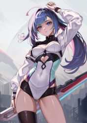 Rule 34 | 1girl, absurdres, ahoge, arm up, black thighhighs, blue eyes, blue hair, bracelet, breasts, city, cleavage, closed mouth, contrapposto, covered navel, cowboy shot, day, gluteal fold, gradient hair, hair intakes, highres, holding, holding sword, holding weapon, jewelry, leotard, long hair, long sleeves, looking at viewer, medium breasts, mole, mole under eye, multicolored hair, original, outdoors, pink hair, ponytail, porikeracchou, single thighhigh, solo, sword, thighhighs, weapon, white leotard