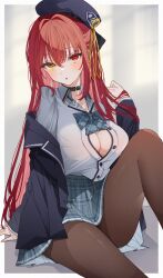 Rule 34 | 1girl, :o, beret, blouse, breasts, choker, cleavage, hair between eyes, hat, heterochromia, highres, hololive, houshou marine, houshou marine (school uniform), jacket, large breasts, long hair, looking at viewer, official alternate costume, open clothes, open jacket, pantyhose, partially unbuttoned, pleated skirt, red eyes, red hair, ribbon, school uniform, serafuku, shirt, skirt, solo, thighs, uo illust, virtual youtuber, white shirt, yellow eyes