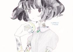 Rule 34 | 1girl, artist name, collared shirt, ear piercing, earrings, expressionless, grey hair, grey shirt, jewelry, looking at viewer, matsuo mono, no nose, original, piercing, shirt, short hair, short sleeves, simple background, solo, spot color, tattoo, upper body, white background