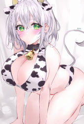 Rule 34 | 1girl, absurdres, all fours, animal ears, animal print, bell, bikini, blush, breasts, chinese zodiac, cleavage, closed mouth, cow ears, cow print, cow tail, cowbell, green eyes, grey hair, highres, hololive, horns, huge breasts, large breasts, looking at viewer, medium hair, mile (off8mile), neck bell, shirogane noel, solo, swimsuit, tail, virtual youtuber, year of the ox