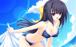 Rule 34 | 1girl, beach, bent over, bikini, black hair, blush, bow, breasts, cleavage, front-tie top, hair bow, hanging breasts, highres, image sample, lens flare, long hair, lunaris filia, medium breasts, mikagami mamizu, minase yukari, open mouth, purple eyes, smile, solo, swimsuit
