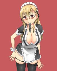 Rule 34 | 1girl, alternate eye color, alternate hair color, apron, black thighhighs, blonde hair, blush, breasts, cleavage, cowboy shot, glasses, hair between eyes, hair ornament, hairclip, kantai collection, large breasts, long hair, looking at viewer, maid, maid headdress, moshi (atelier33-4), panties, panty pull, pulled by self, red-framed eyewear, red background, red eyes, semi-rimless eyewear, short sleeves, simple background, smile, solo, suzuya (kancolle), sweat, thighhighs, under-rim eyewear, underwear, undressing, wrist cuffs, zettai ryouiki