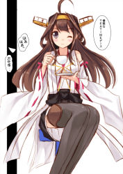 Rule 34 | 10s, 1girl, ;), ahoge, bare shoulders, blush, boots, brown hair, cup, detached sleeves, hair ornament, hairband, headgear, japanese clothes, kantai collection, kongou (kancolle), kouzuki hajime, long hair, one eye closed, personification, saucer, sketch, skirt, smile, solo, teacup, thigh boots, thighhighs, wink