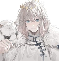 Rule 34 | 1boy, blanca (fate), blue eyes, bug, butterfly on shoulder, cape, crown, face, fate/grand order, fate (series), fur-trimmed cape, fur trim, grey hair, highres, insect, light smile, looking at viewer, male focus, moth, oberon (fate), simple background, smile, solo, white background, yurumawari