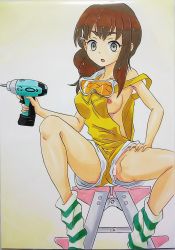 Rule 34 | 1girl, animal hair ornament, ashigaki radar, bar censor, bird hair ornament, breasts, brown hair, censored, collarbone, drill, gatchaman crowds, goggles, goggles around neck, grey eyes, hair ornament, hand on own thigh, highres, holding, ichinose hajime, ladder, long hair, looking at viewer, loose socks, medium breasts, nipples, open mouth, overalls, overalls aside, power drill, pussy, sitting, socks, strap slip, striped clothes, striped socks, two-tone background, white background, white socks, yellow background, yellow overalls