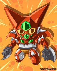 Rule 34 | absurdres, artist name, axe, cape, chibi, commentary, drill, dual wielding, emphasis lines, english commentary, gao ex kaiser, getter-1, getter robo, getter robo (1st series), highres, holding, holding axe, mecha, no humans, orange eyes, red cape, robot, solo