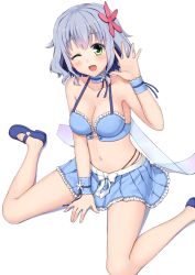 Rule 34 | 10s, 1girl, ;d, amagi brilliant park, bare shoulders, blue hair, blush, breasts, choker, cleavage, cross-laced clothes, cross-laced top, fairy, fairy wings, female focus, flower, green eyes, hair flower, hair ornament, highres, large breasts, legs, mary janes, miniskirt, muse (amaburi), navel, no socks, one eye closed, open mouth, ribbon, shoes, short hair, silver hair, sitting, skirt, smile, solo, terras, thighs, wariza, waving, wings, wink, wrist cuffs, wristband