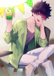 Rule 34 | 1boy, :d, alternate eye color, alternate hair color, blurry, blurry background, blurry foreground, boku no hero academia, bright pupils, collarbone, colored tips, commentary, crossed legs, cup, depth of field, drink, drinking glass, elbow on thigh, food, foot out of frame, fruit, gradient hair, green jacket, hands up, happy, head on hand, head rest, head tilt, holding, holding cup, indoors, jacket, ktn0515, leaning forward, lemon, lemon slice, looking at viewer, looking to the side, male focus, multicolored hair, on stool, open clothes, open jacket, open mouth, pants, pink hair, purple eyes, purple hair, purple shirt, sanpaku, shindou you, shirt, short hair, sitting, sitting sideways, smile, solo, stool, string of flags, t-shirt, table, teeth, turning head, upper teeth only, white pants, white pupils