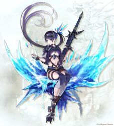 Rule 34 | 1girl, aqua eyes, armor, armored boots, artist request, asymmetrical clothes, asymmetrical legwear, belt, boots, breasts, company name, dragon, full body, gradient hair, headgear, holding, holding sword, holding weapon, ice, japanese clothes, katana, leg belt, long hair, looking at viewer, masamune (phantom of the kill), medium breasts, midriff, multicolored hair, navel, official art, patterned clothing, patterned legwear, phantom of the kill, ponytail, scales, sheath, sheathed, sitting, solo, sword, tattoo, underboob, uneven legwear, water, weapon, wrist guards