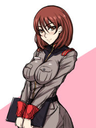 Rule 34 | 1girl, belt, black beat, blush, breasts squeezed together, breasts, brown eyes, brown hair, gundam, gundam lost war chronicles, impossible clothes, impossible shirt, large breasts, military, military uniform, noel anderson, shirt, solo, uniform, v arms