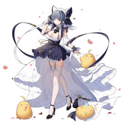 Rule 34 | &gt; &lt;, 1girl, animal ears, ankle strap, apron, azur lane, bare shoulders, black apron, black footwear, black hair, blue hair, blunt bangs, bow, breasts, cat ears, cheshire (azur lane), cleavage, closed mouth, collar, crescent, crescent hair ornament, dress, falling petals, fang, frilled apron, frilled dress, frilled hairband, frills, full body, garter straps, hair bow, hair ornament, hairband, heart, high heels, highres, large breasts, looking at viewer, maid apron, maid headdress, manjuu (azur lane), multicolored hair, nail polish, petals, short hair, short sleeves, simple background, smile, solo, standing, streaked hair, thighhighs, two-tone hair, white background, white collar, white dress, white hairband, white thighhighs, wrist cuffs, yu e baba, zzz