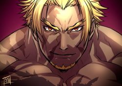Rule 34 | 1boy, bara, beard, beowulf (fate), blonde hair, close-up, facial hair, fate/grand order, fate (series), goatee, large pectorals, male focus, manly, muscular, pectorals, red eyes, ryuuki garyuu, scar, solo, topless male, upper body