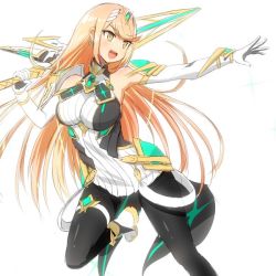 Rule 34 | 1girl, aegis sword (xenoblade), bare shoulders, black pantyhose, blonde hair, blush, breasts, chest jewel, dress, earrings, elbow gloves, gem, gloves, headpiece, igamushi4848, jewelry, large breasts, long hair, looking at viewer, mythra (massive melee) (xenoblade), mythra (xenoblade), nintendo, pantyhose, smile, solo, super smash bros., swept bangs, sword, tiara, very long hair, weapon, white dress, xenoblade chronicles (series), xenoblade chronicles 2, yellow eyes
