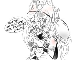 Rule 34 | 1boy, 1girl, angry, armlet, bare shoulders, body blush, bracer, breast rest, breasts, breasts on head, doodle, dress, eightyfourx, english text, hands on own hips, head out of frame, jewelry, kid icarus, kid icarus uprising, large breasts, long hair, neck ring, nintendo, out of frame, palutena, pendant, pit (kid icarus), shield, side slit, simple background, strapless, strapless dress, sweat, thighhighs, tunic, very long hair, weapon, white background