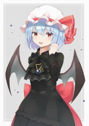 Rule 34 | 1girl, absurdres, alternate costume, arm up, ascot, bat wings, black dress, black legwear, blue hair, blush, bow, bowtie, commentary request, cowboy shot, dress, fang, grey background, hair between eyes, hand in own hair, hat, hat ribbon, highres, iyo (ya na kanji), jewelry, layered dress, light blush, long sleeves, looking at viewer, mob cap, open mouth, partial commentary, pendant, red bow, red eyes, remilia scarlet, ribbon, sash, short hair, simple background, smile, solo, splatter background, standing, touhou, white hat, wings