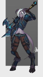Rule 34 | 1girl, absurdres, armor, axe, blue eyes, blue sclera, breastplate, brown pantyhose, colored sclera, colored skin, death knight (warcraft), distr, draenei, full body, grey background, grey skin, hand up, highres, holding, holding axe, holding weapon, hooves, horns, looking at viewer, midriff, monster girl, navel, pantyhose, pauldrons, pointy ears, shoulder armor, signature, simple background, solo, warcraft, weapon, white hair, world of warcraft